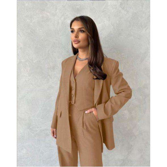 Solid Color Suit Buttoned Jacket, Vest And Pants Set