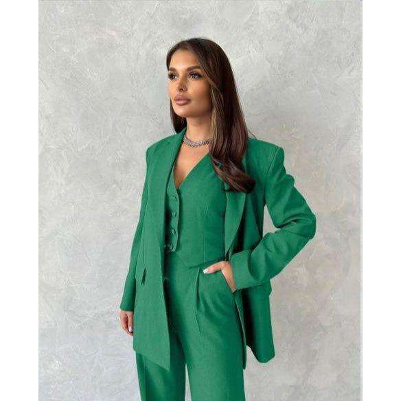 Solid Color Suit Buttoned Jacket, Vest And Pants Set