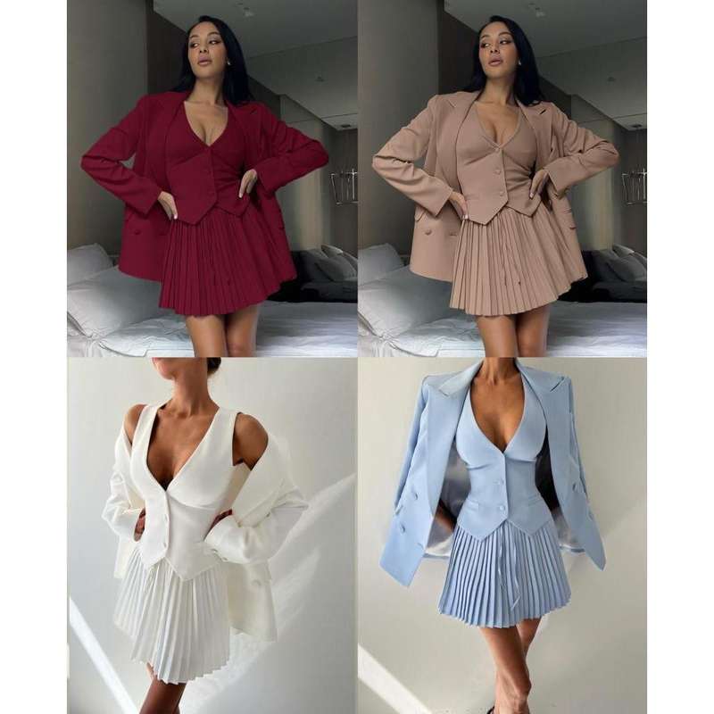 Crop Vest, Long Sleeve Blazer And Pleated Mini Skirt 2 Pieces Set