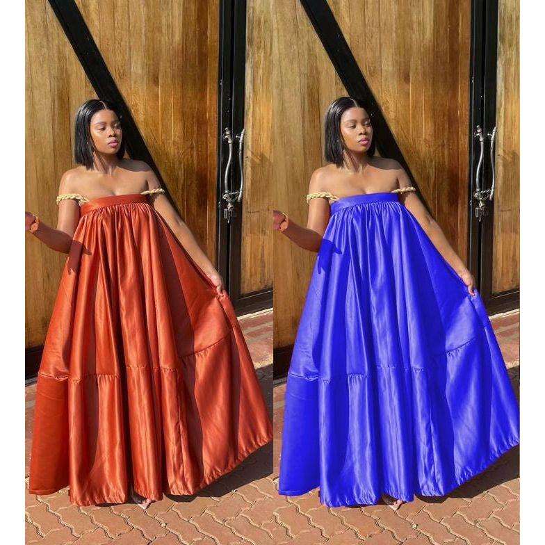 Pleated Off-Shoulder Flare Gown Midi Dress