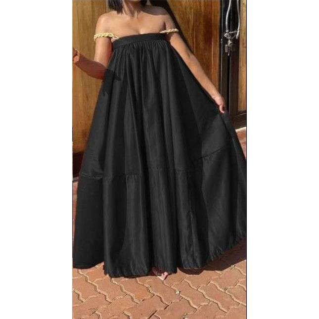 Pleated Off-Shoulder Flare Gown Midi Dress