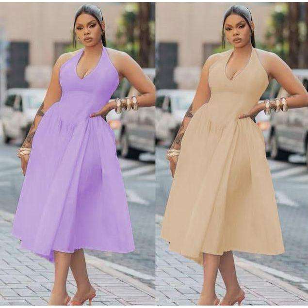 Halter Pleat A-Line Beautiful Style Midi Dress.