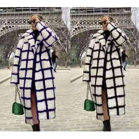 Plus Size Collar Plus Plaid Print Drop Shoulder Overcoat