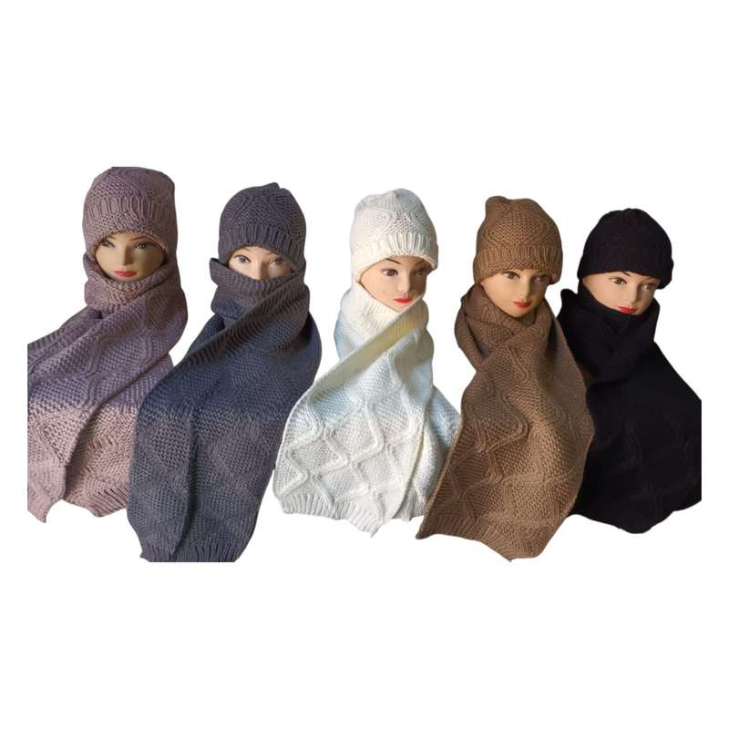 Unisex Cotton Knit Soft Heart Pattern Scarf & Hat Set