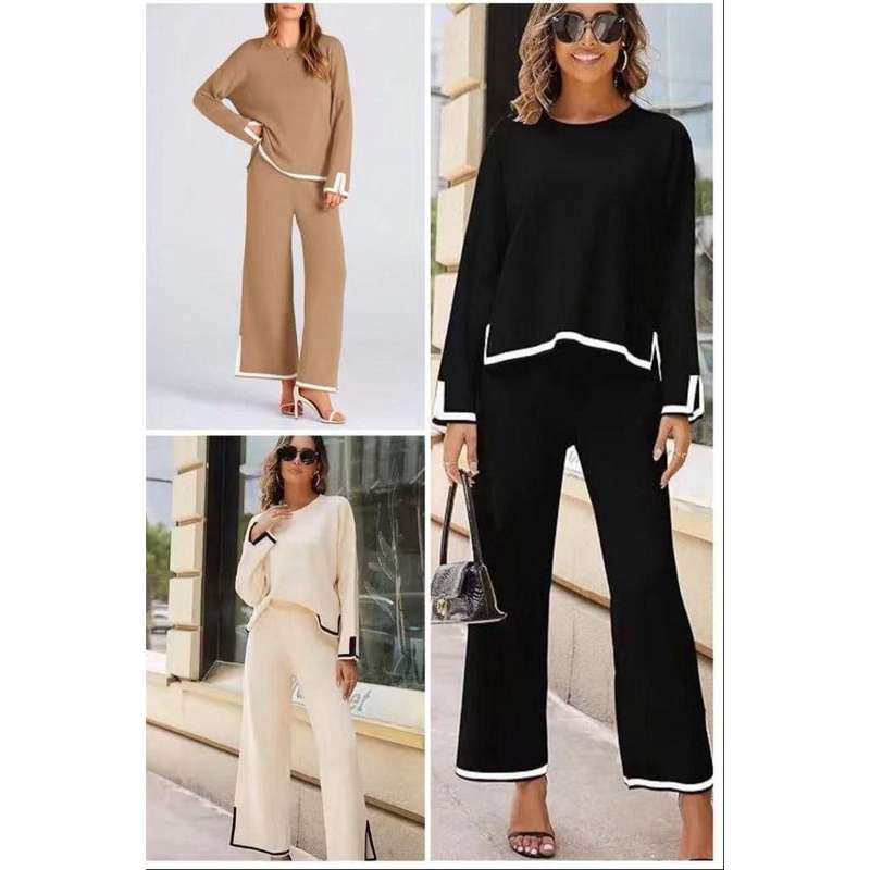 2 Piece Outfits Long Sleeve Knit Sweater Top Wide Leg Pants
