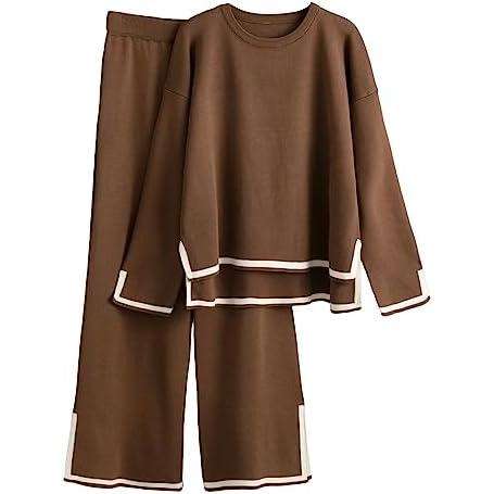 2 Piece Outfits Long Sleeve Knit Sweater Top Wide Leg Pants
