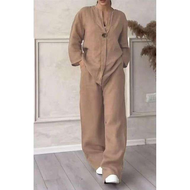 2 Piece Outfits Long Sleeve Shirt Top & Wide Leg Pants