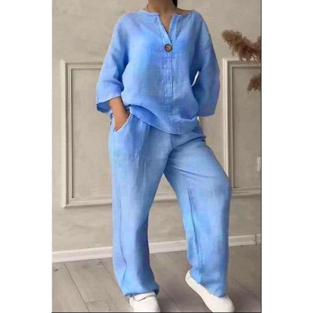 2 Piece Outfits Long Sleeve Shirt Top & Wide Leg Pants