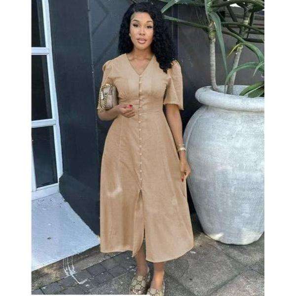 Short Sleeve Front Slit Midi Dress