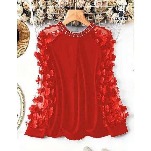 Round Neck Long Sleeve Floral Decor Blouse