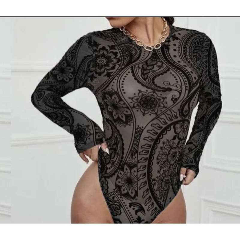 Black Allover Print Mesh Bodysuit