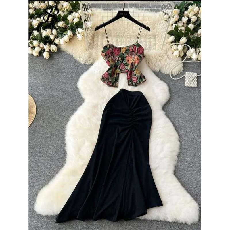 Long Slit Skirt and Corset Top Set