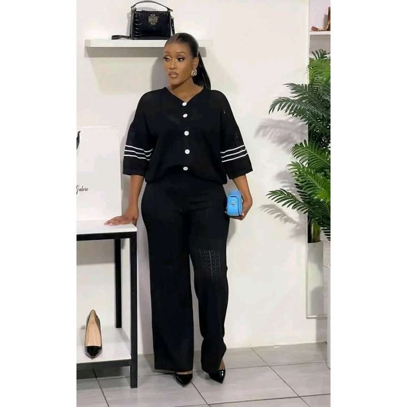 3/4 Sleeve Front Button Top and Trousers Two-Piece Set