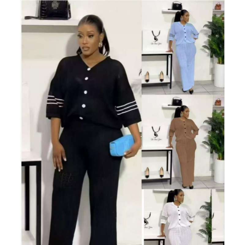 3/4 Sleeve Front Button Top and Trousers Two-Piece Set