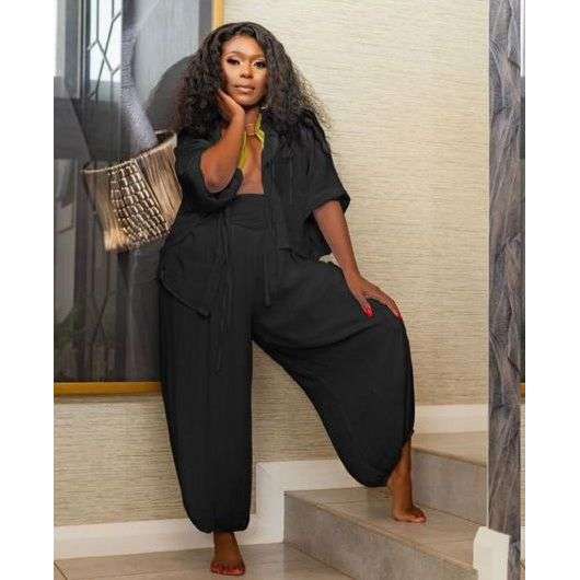 Plus Size 2 Piece Long Sleeve Shirt Top & Wide Leg Pants