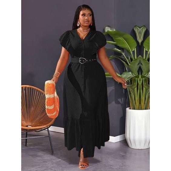 Plus Butterfly Sleeve Ruffle Hem Belted Dress