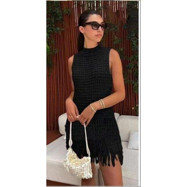 Sleeveless Strings Knitted Solid Color Short Dress.