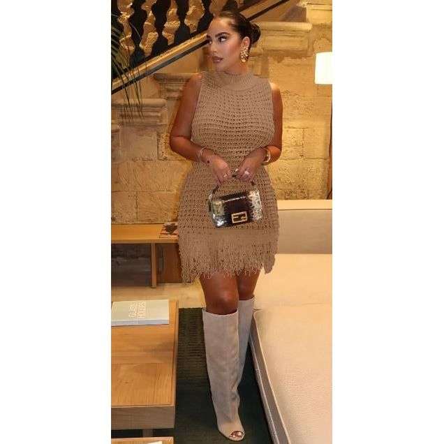 Sleeveless Strings Knitted Solid Color Short Dress.