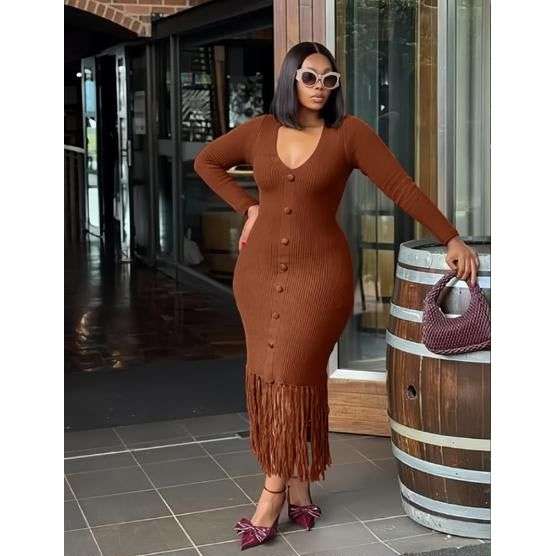 Long Sleeve Bottom Tassel Midi Dress