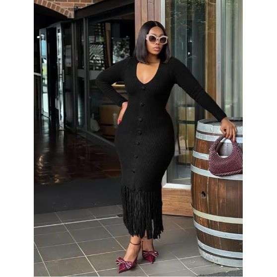 Long Sleeve Bottom Tassel Midi Dress