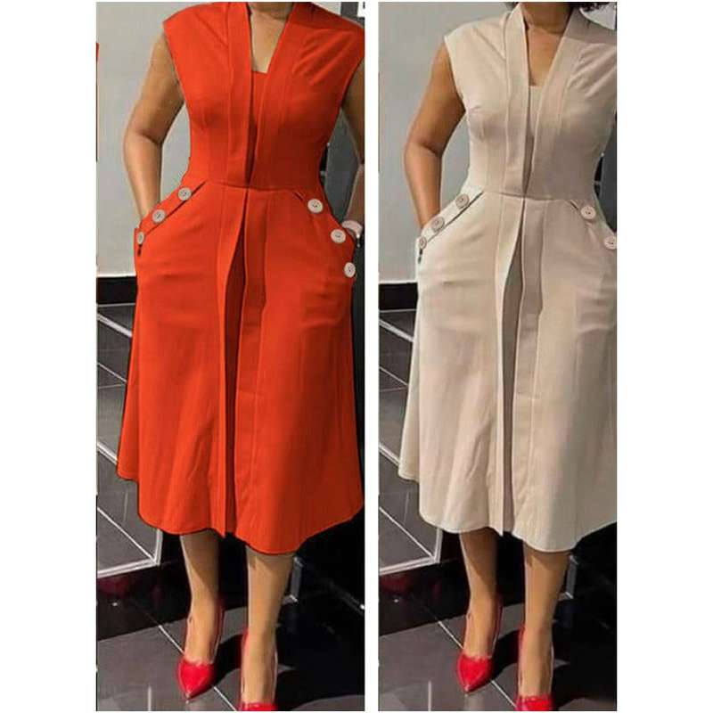 Sleeveless Ruffle Front Trim Button Sexy Midi Dress