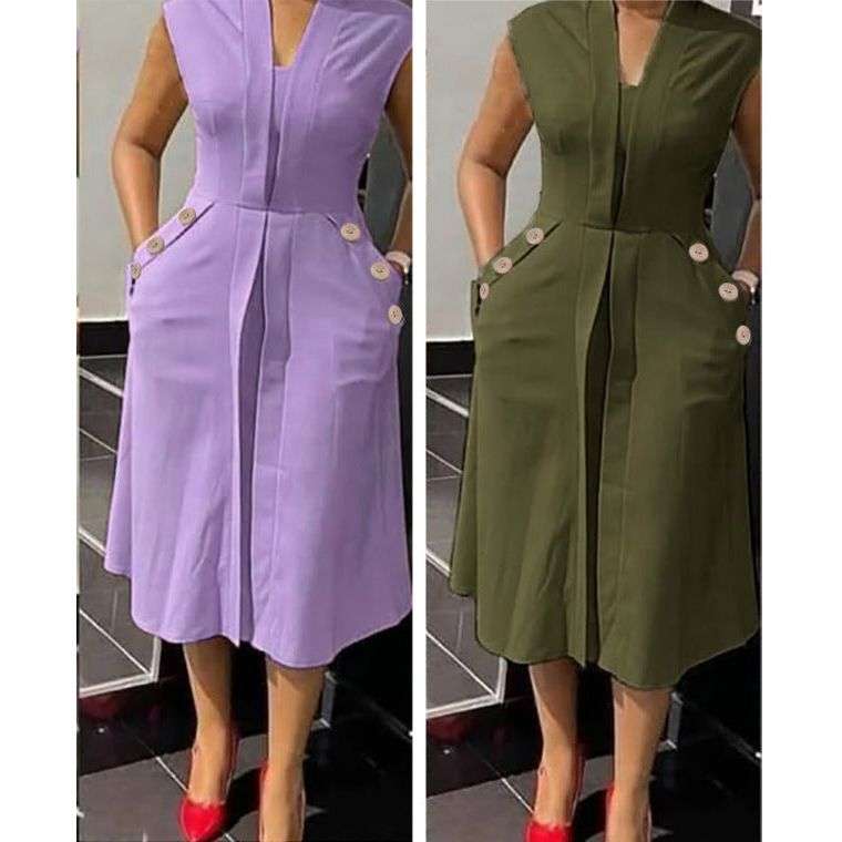 Sleeveless Ruffle Front Trim Button Sexy Midi Dress