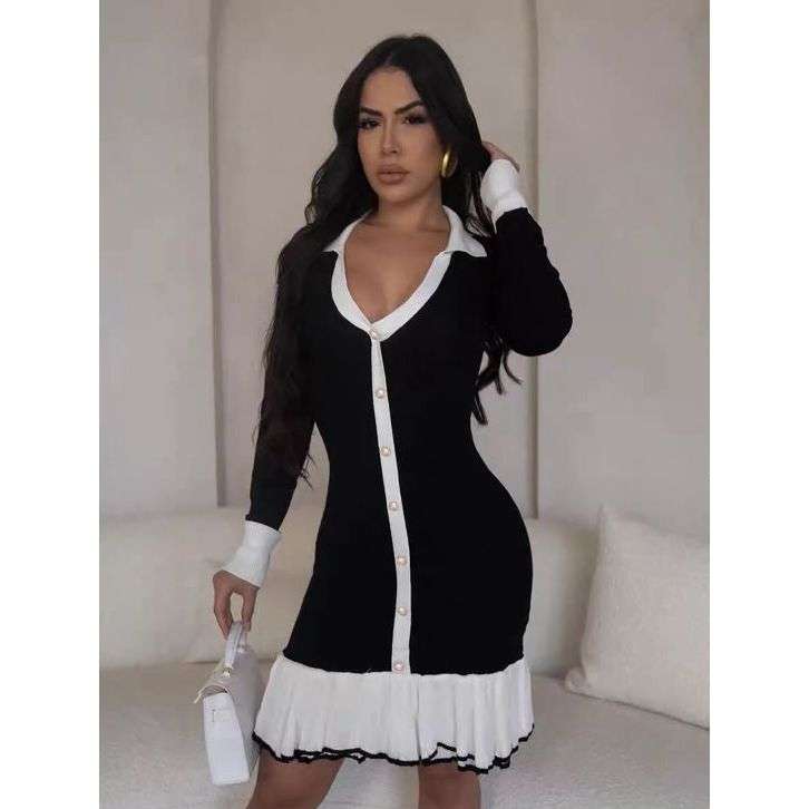 Down Collar Lapel Bell Sleeve Breasted Long Sleeve Short Dress