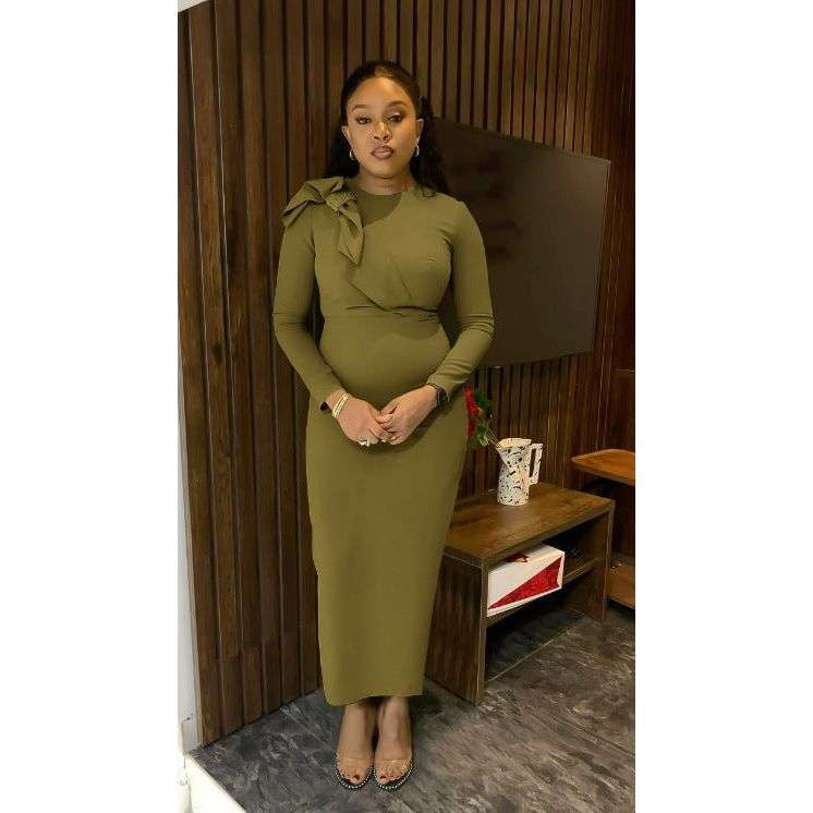 Formal Knitted Shoulder Bowknot Design Long Sleeve Maxi Dress