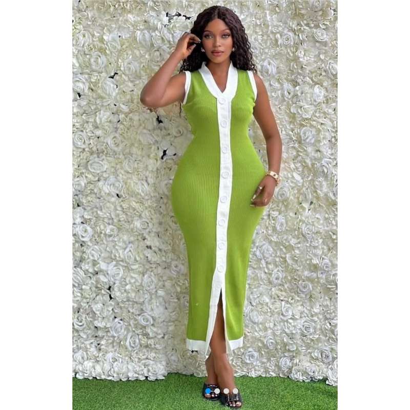Casual Contrast Color Knitted V-Neck Sleeveless Slim Fit Dress