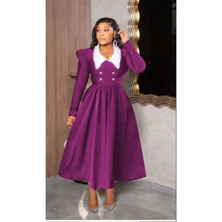 Contrast Collar Fold Pleated Dress