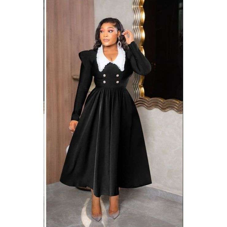 Contrast Collar Fold Pleated Dress