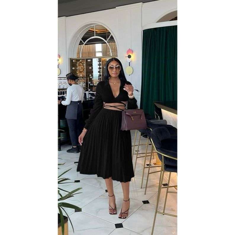 Strappy Shirt Top with Pleated Mid Skirt 2 Piece Set