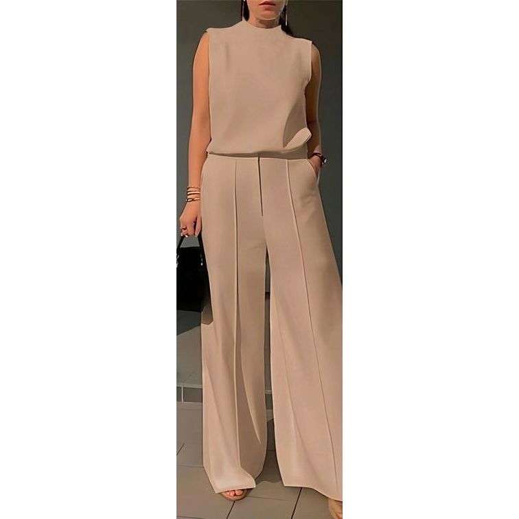 Elegant Sleeveless Top with Trousers, Lightweight Work Outfits Set