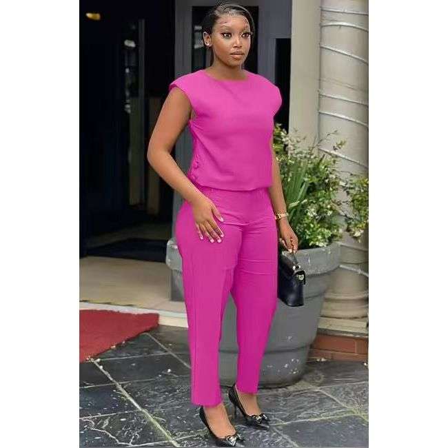Solid Color Sleeveless Sleeved Top and Pant Set.