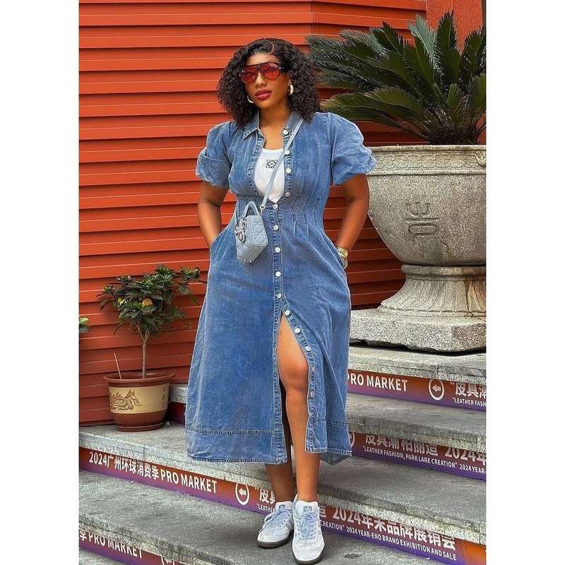 Denim Button Detailed Slit Dress
