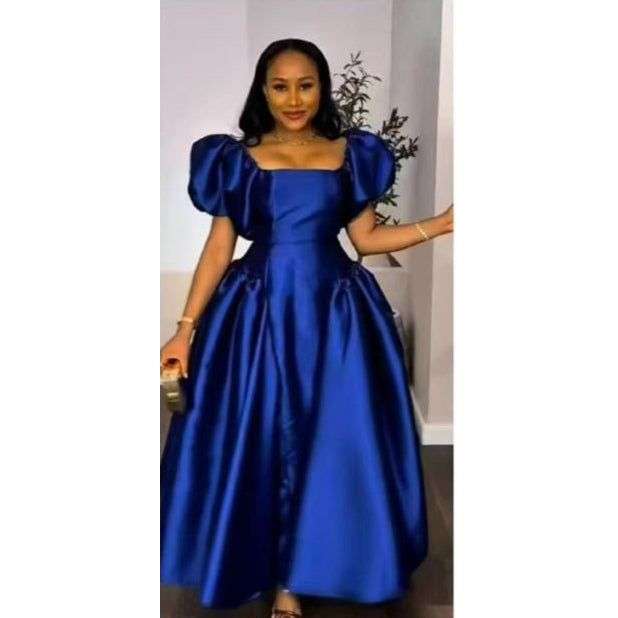 Bubble Sleeve Pleated Maxi Dress