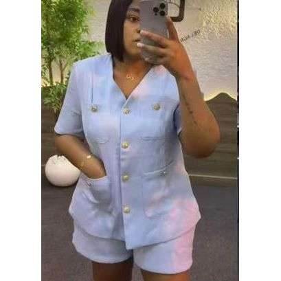 Plain Color Short Sleeve Blazer Jacket And Shorts Suit Set