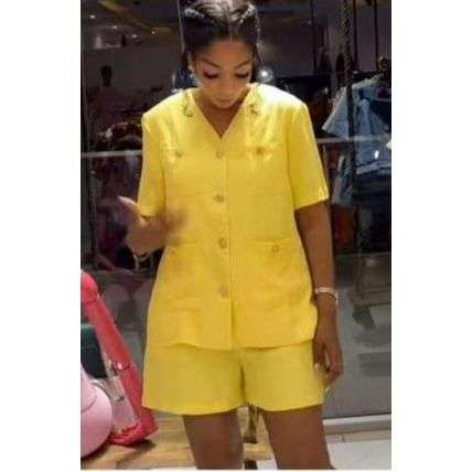 Plain Color Short Sleeve Blazer Jacket And Shorts Suit Set