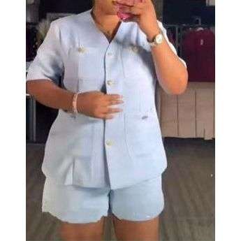 Plain Color Short Sleeve Blazer Jacket And Shorts Suit Set