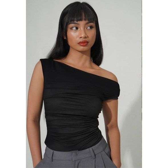 Asymmetrical Shoulder Short Sleeve Fitted T-Shirt Top