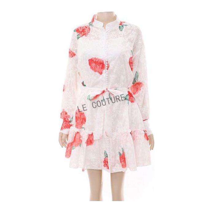 Print Round Neck Long Sleeve Lace Up Mini Dress.
