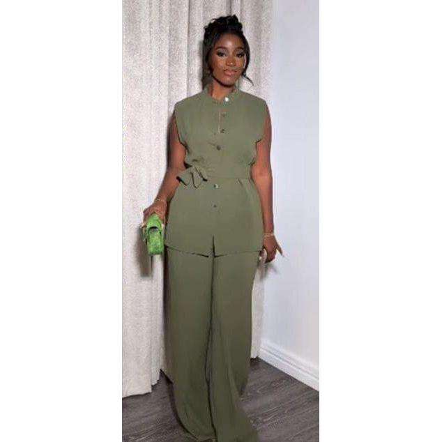 Two Piece Button Sleeveless Lace Up Top Wide Leg Summer Pants Set.