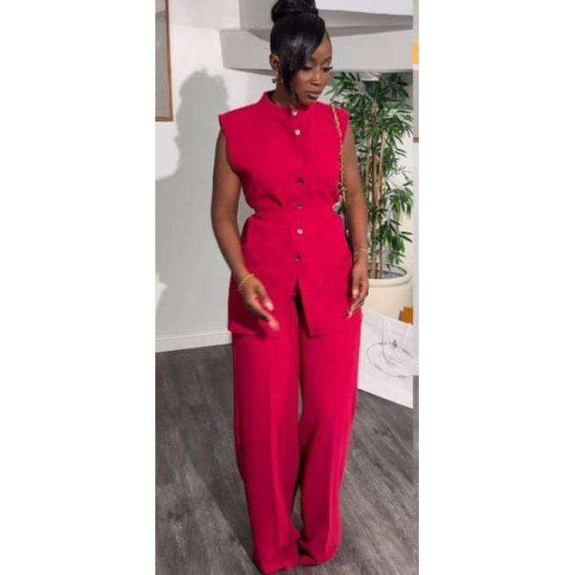 Two Piece Button Sleeveless Lace Up Top Wide Leg Summer Pants Set.