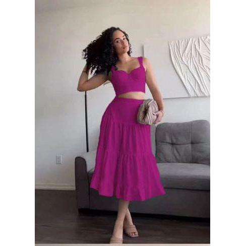 Summer Solid Color Crop Top And Skirt 2-Piece Set.