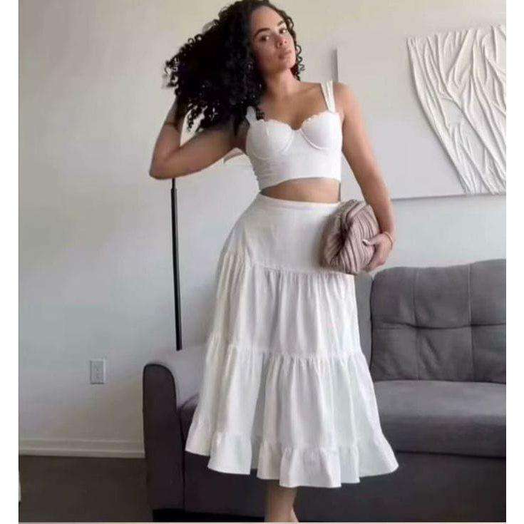 Summer Solid Color Crop Top And Skirt 2-Piece Set.