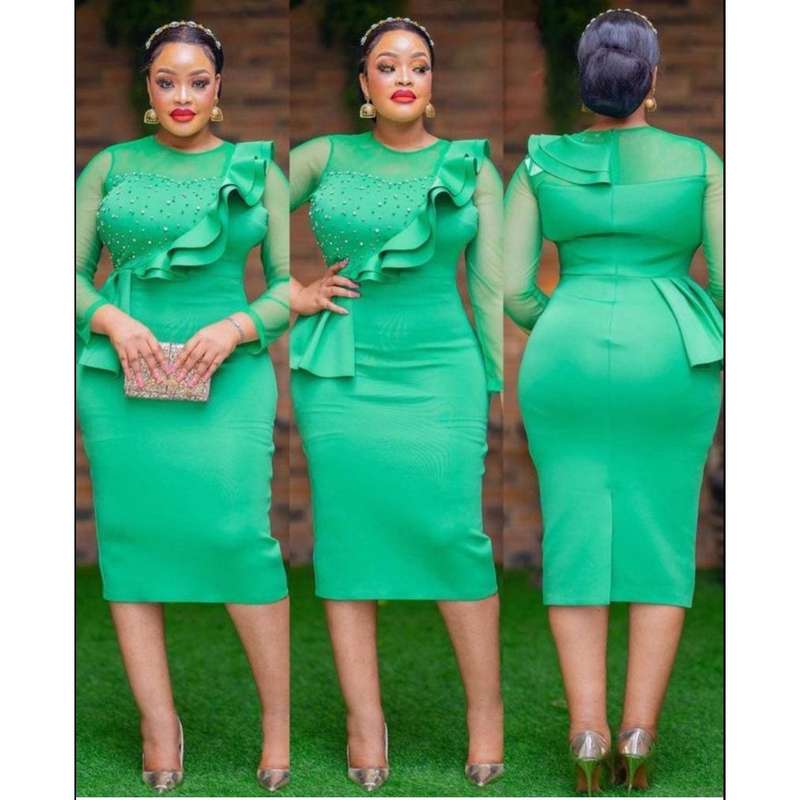 Elegant Mesh Patchwork Ruffled Beaded Bodycon Dress.
