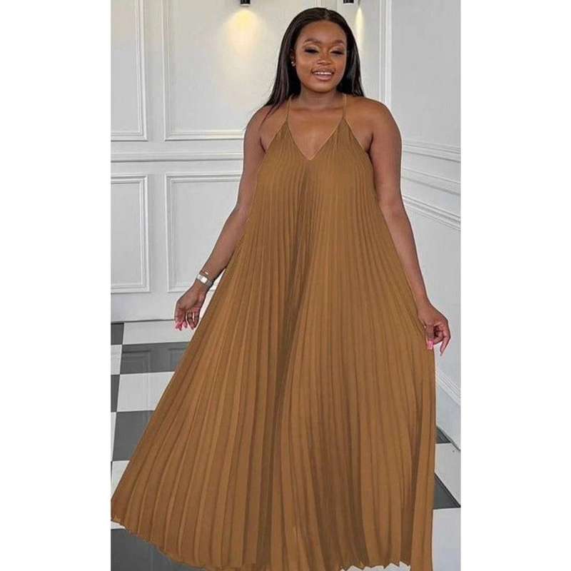 Pleated Sleeveless Midi V-neck Dress.