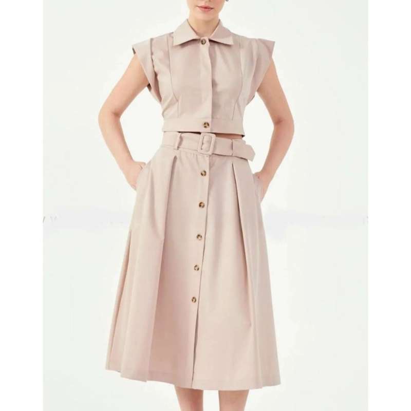 Ruffle Front Trim Button Shirt & Skirt Set.