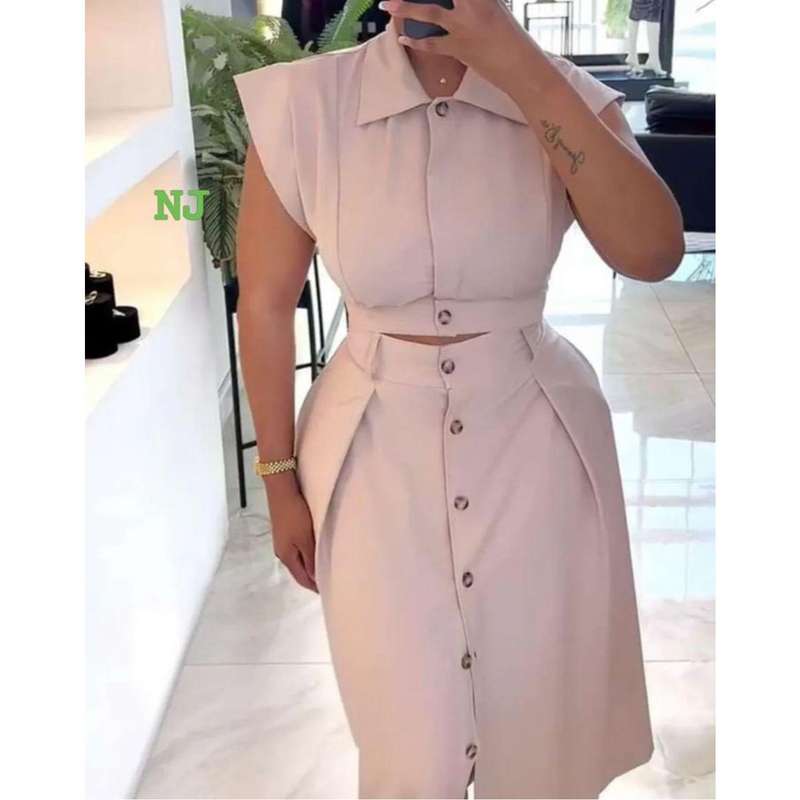 Ruffle Front Trim Button Shirt & Skirt Set.