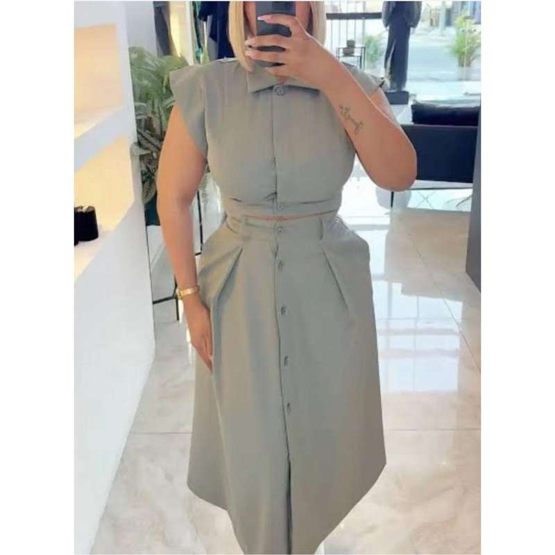 Ruffle Front Trim Button Shirt & Skirt Set.